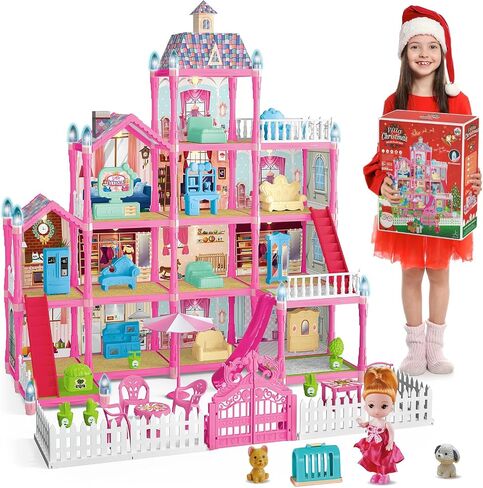Blue Dolls Houses for Girls with Light, 1 Dolls, 2 Pets, 2 Floors - 8 Rooms, 215 PCS Ice Dream Girls House Pretend Play Toy Set of Furniture & Accessories, Birthday for 3+ Year Old Girls in Saudi Arabia