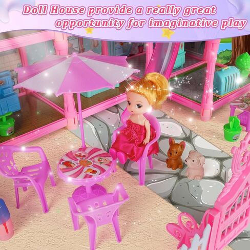 Blue Dolls Houses for Girls with Light, 1 Dolls, 2 Pets, 2 Floors - 8 Rooms, 215 PCS Ice Dream Girls House Pretend Play Toy Set of Furniture & Accessories, Birthday for 3+ Year Old Girls in Saudi Arabia