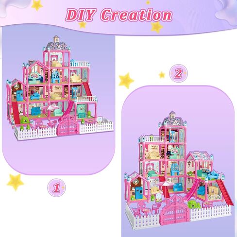 Blue Dolls Houses for Girls with Light, 1 Dolls, 2 Pets, 2 Floors - 8 Rooms, 215 PCS Ice Dream Girls House Pretend Play Toy Set of Furniture & Accessories, Birthday for 3+ Year Old Girls in Saudi Arabia