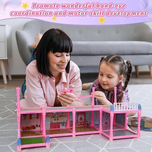 Blue Dolls Houses for Girls with Light, 1 Dolls, 2 Pets, 2 Floors - 8 Rooms, 215 PCS Ice Dream Girls House Pretend Play Toy Set of Furniture & Accessories, Birthday for 3+ Year Old Girls in Saudi Arabia