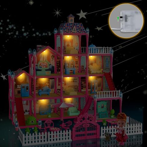 Blue Dolls Houses for Girls with Light, 1 Dolls, 2 Pets, 2 Floors - 8 Rooms, 215 PCS Ice Dream Girls House Pretend Play Toy Set of Furniture & Accessories, Birthday for 3+ Year Old Girls in Saudi Arabia
