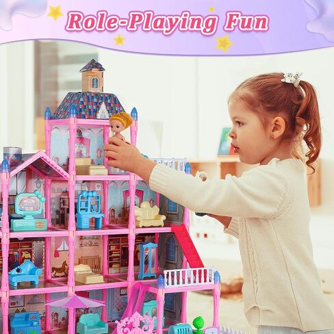 Blue Dolls Houses for Girls with Light, 1 Dolls, 2 Pets, 2 Floors - 8 Rooms, 215 PCS Ice Dream Girls House Pretend Play Toy Set of Furniture & Accessories, Birthday for 3+ Year Old Girls in Saudi Arabia