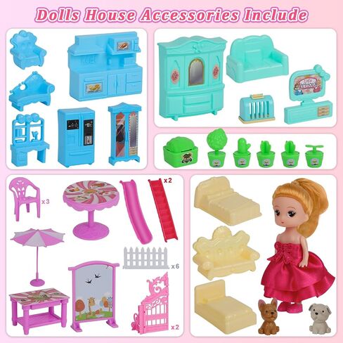 Blue Dolls Houses for Girls with Light, 1 Dolls, 2 Pets, 2 Floors - 8 Rooms, 215 PCS Ice Dream Girls House Pretend Play Toy Set of Furniture & Accessories, Birthday for 3+ Year Old Girls in Saudi Arabia