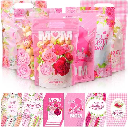 Kosiz 60 Pcs Mother's Day Gift Bags with Handles Plastic Pink Flower Mom Candy Treat Goodie Cookie Bags for Mothers Day Theme Floral Party Favors Supplies in Kuwait
