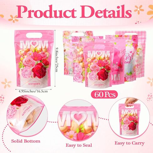 Kosiz 60 Pcs Mother's Day Gift Bags with Handles Plastic Pink Flower Mom Candy Treat Goodie Cookie Bags for Mothers Day Theme Floral Party Favors Supplies in Kuwait