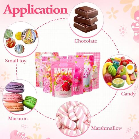 Kosiz 60 Pcs Mother's Day Gift Bags with Handles Plastic Pink Flower Mom Candy Treat Goodie Cookie Bags for Mothers Day Theme Floral Party Favors Supplies in Kuwait