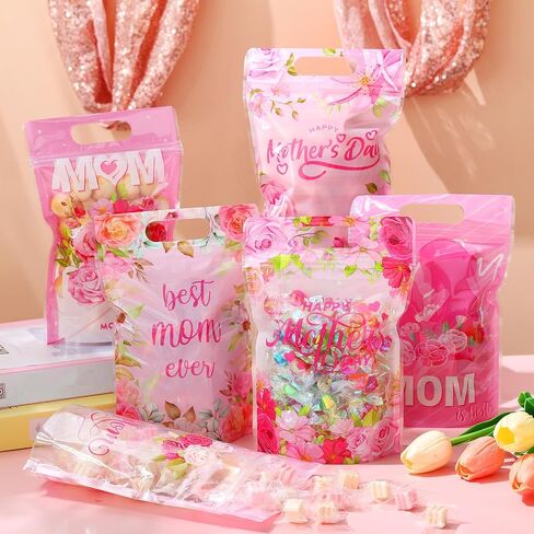 Kosiz 60 Pcs Mother's Day Gift Bags with Handles Plastic Pink Flower Mom Candy Treat Goodie Cookie Bags for Mothers Day Theme Floral Party Favors Supplies in Kuwait