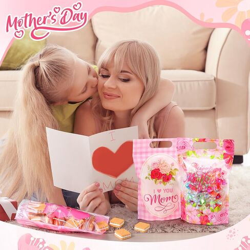 Kosiz 60 Pcs Mother's Day Gift Bags with Handles Plastic Pink Flower Mom Candy Treat Goodie Cookie Bags for Mothers Day Theme Floral Party Favors Supplies in Kuwait