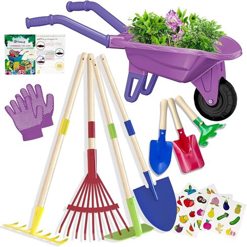 Qtioucp Kids Gardening Set with Wheelbarrow, Real Metal Garden Tools for Kids Ages 3-8, 4 Long Handle Tools, 3 Hand Tool, Gloves, 5 Stickers, Handbook, Outdoor Backyard Toys for Toddler Gift in Kuwait