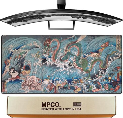 MPCO Ukiyo- E Ocean Waves by Uehara Konen Blue & White Large Size Gaming WFH Mousepad Full Desk (Ocean Waves, DuraGlyde Fabric (Large (36" x 17")) in Saudi Arabia