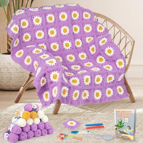 Aeelike Blanket Crochet Kit, Granny Squares Crochet Blanket Kit for Beginners Easy Crochet Starter Kit with Enough Yarn Detailed Instruction, Complete Learn to Crochet Yarn Kit for Blanket in Saudi Arabia