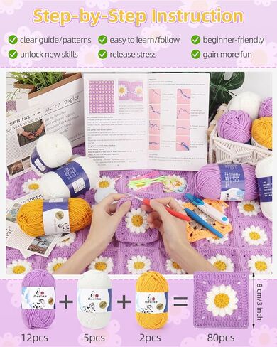 Aeelike Blanket Crochet Kit, Granny Squares Crochet Blanket Kit for Beginners Easy Crochet Starter Kit with Enough Yarn Detailed Instruction, Complete Learn to Crochet Yarn Kit for Blanket in Saudi Arabia