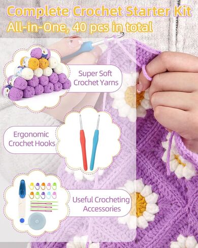 Aeelike Blanket Crochet Kit, Granny Squares Crochet Blanket Kit for Beginners Easy Crochet Starter Kit with Enough Yarn Detailed Instruction, Complete Learn to Crochet Yarn Kit for Blanket in Saudi Arabia