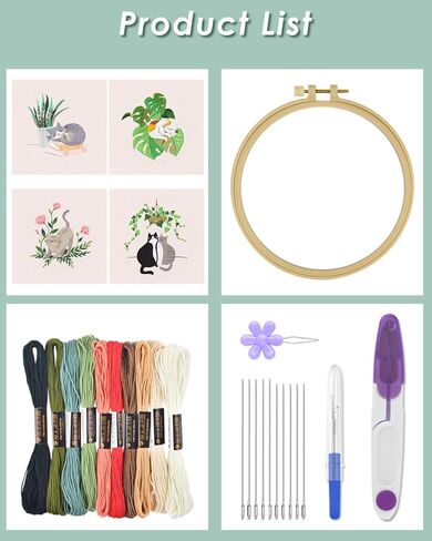 مجموعات التطريز erkoon للمبتدئين، 4 مجموعات مجموعات نمط عبر الابره للمبتدئين الكبار، لتشمل خيوط التطريز القماش الأطواق لمحبي الحرف اليدوية غرزة مع تقنيات مهارة التطريز in Kuwait