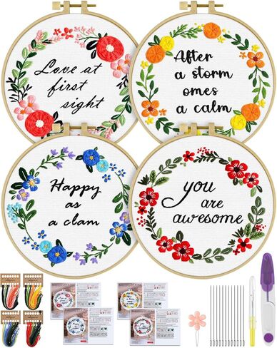 ERKOON Embroidery Kits for Beginner, 4 Sets Pattern Cross Stitch Kits for Adult Starter, for Include Embroidery Cloth Hoops Threads for Craft Lover Hand Stitch with Embroidery Skill Techniques in Kuwait