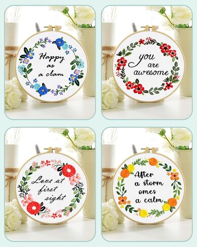 ERKOON Embroidery Kits for Beginner, 4 Sets Pattern Cross Stitch Kits for Adult Starter, for Include Embroidery Cloth Hoops Threads for Craft Lover Hand Stitch with Embroidery Skill Techniques in Kuwait