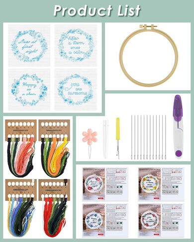 ERKOON Embroidery Kits for Beginner, 4 Sets Pattern Cross Stitch Kits for Adult Starter, for Include Embroidery Cloth Hoops Threads for Craft Lover Hand Stitch with Embroidery Skill Techniques in Kuwait