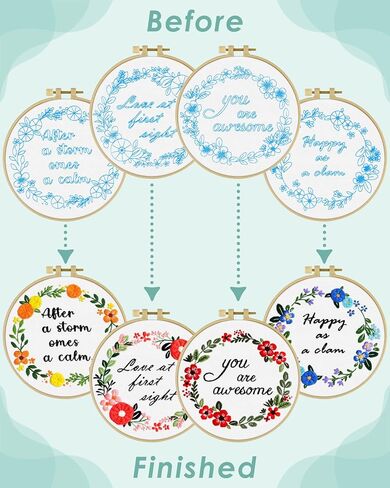 ERKOON Embroidery Kits for Beginner, 4 Sets Pattern Cross Stitch Kits for Adult Starter, for Include Embroidery Cloth Hoops Threads for Craft Lover Hand Stitch with Embroidery Skill Techniques in Kuwait
