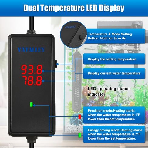Submersible Aquarium Heater for Fish Tank: 200W/300W/500W Fishtank Heaters with Dual Temperature Digital LED Display - Overheating and Off-Water Protection for 75-120 Gallon in Saudi Arabia