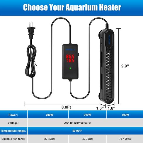 Submersible Aquarium Heater for Fish Tank: 200W/300W/500W Fishtank Heaters with Dual Temperature Digital LED Display - Overheating and Off-Water Protection for 75-120 Gallon in Saudi Arabia