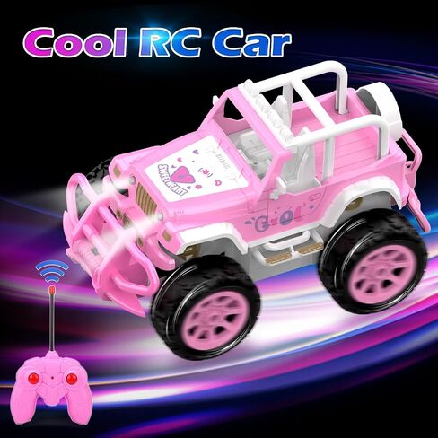 Qizebaby Remote Control Pink Car for Girls, RC Toy Car for Toddlers Age 3+, Rechargeable Off-Road Princess Vehicle Toy Truck with Light, Truck Toys for 3 4 5 6+ Girls Kids Birthday Toy Gift in Saudi Arabia