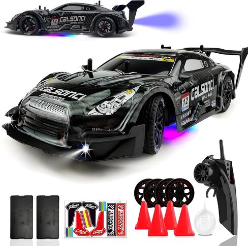1:16 RC Drift Car 2.4GHz Spray 4WD LED Lights 30+KM/H High Speed Remote Control Car 2 Batteries 60Min Infinitely Variable Speed Drift Car Toys for Adults and Kids (Black 1:16) in Kuwait