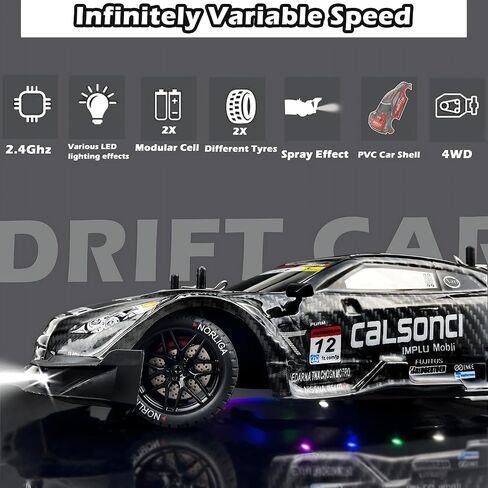 1:16 RC Drift Car 2.4GHz Spray 4WD LED Lights 30+KM/H High Speed Remote Control Car 2 Batteries 60Min Infinitely Variable Speed Drift Car Toys for Adults and Kids (Black 1:16) in Kuwait