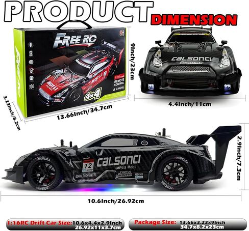 1:16 RC Drift Car 2.4GHz Spray 4WD LED Lights 30+KM/H High Speed Remote Control Car 2 Batteries 60Min Infinitely Variable Speed Drift Car Toys for Adults and Kids (Black 1:16) in Kuwait