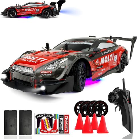 1:16 RC Drift Car 2.4GHz Spray 4WD LED Lights 30+KM/H High Speed Remote Control Car 2 Batteries 60Min Infinitely Variable Speed Drift Car Toys for Adults and Kids (Black 1:16) in Kuwait