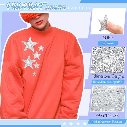 Geosar 120 Pieces Star Rhinestone Appliques Iron on Star Patches Rhinestone Glitter Star Patches Bling Appliques for DIY Crafts Clothes Bag Pants Wedding Decoration in 4 Sizes (Black, Sliver, Grey) in Kuwait