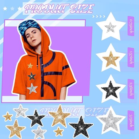 Geosar 120 Pieces Star Rhinestone Appliques Iron on Star Patches Rhinestone Glitter Star Patches Bling Appliques for DIY Crafts Clothes Bag Pants Wedding Decoration in 4 Sizes (Black, Sliver, Grey) in Kuwait