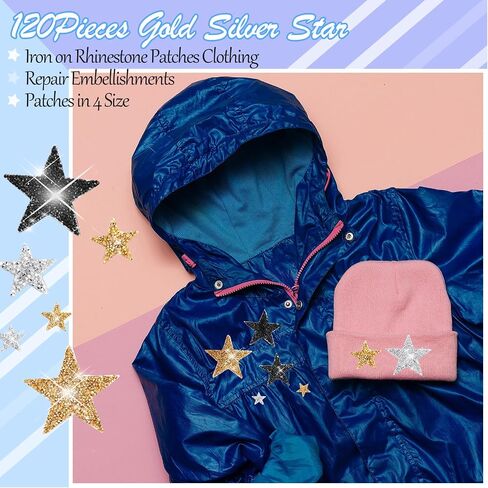 Geosar 120 Pieces Star Rhinestone Appliques Iron on Star Patches Rhinestone Glitter Star Patches Bling Appliques for DIY Crafts Clothes Bag Pants Wedding Decoration in 4 Sizes (Black, Sliver, Grey) in Kuwait