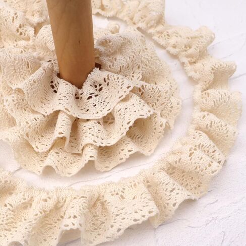Beige Ruffle Lace Trim 1.6''x3yds Gathered Elastic Lace Ribbon for Sewing Crafts, Apparel Home Decor in Kuwait