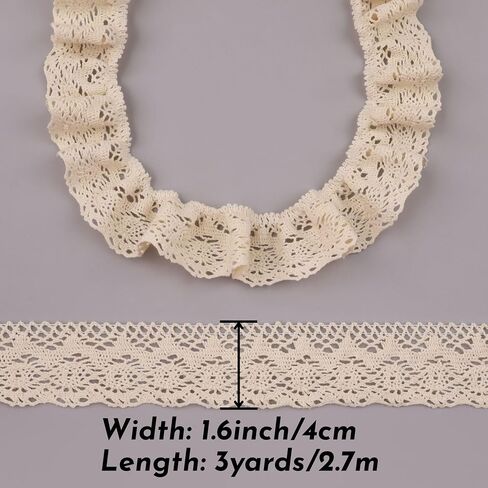 Beige Ruffle Lace Trim 1.6''x3yds Gathered Elastic Lace Ribbon for Sewing Crafts, Apparel Home Decor in Kuwait