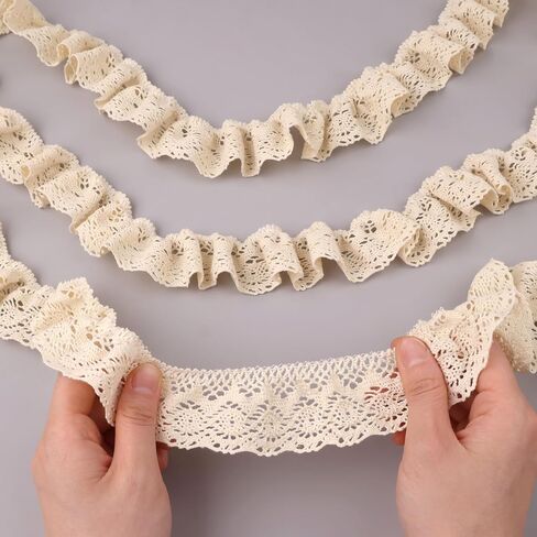 Beige Ruffle Lace Trim 1.6''x3yds Gathered Elastic Lace Ribbon for Sewing Crafts, Apparel Home Decor in Kuwait