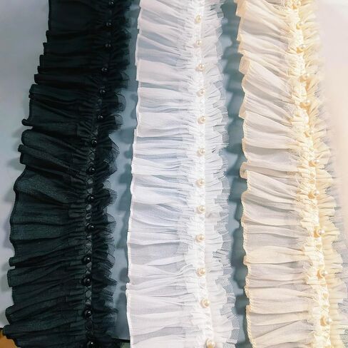 LGGDZS 2 Yards White Pearl Milk Silk Lace Ruffle Bead Lace Curtain Edge Wedding Bridal Lace Trim (Black) in Kuwait