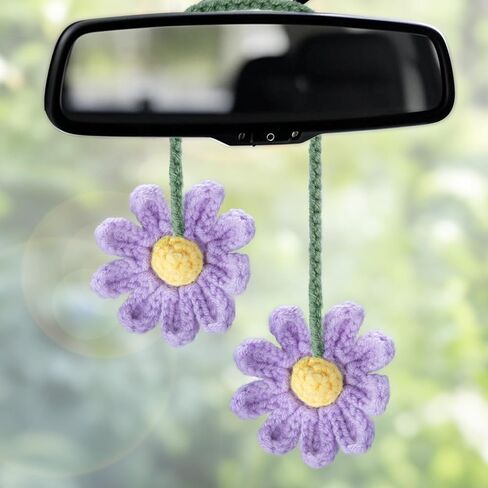 2 PCS Crochet Daisy Car Accessories for Women, Car Rearview Mirror Hanging Accessories, Handmade Cute Cars Accessory for Women Aesthetic, Crochet Flowers Purple Cars Decor (Purple) in Kuwait