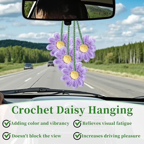 2 PCS Crochet Daisy Car Accessories for Women, Car Rearview Mirror Hanging Accessories, Handmade Cute Cars Accessory for Women Aesthetic, Crochet Flowers Purple Cars Decor (Purple) in Kuwait
