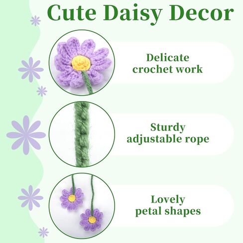 2 PCS Crochet Daisy Car Accessories for Women, Car Rearview Mirror Hanging Accessories, Handmade Cute Cars Accessory for Women Aesthetic, Crochet Flowers Purple Cars Decor (Purple) in Kuwait