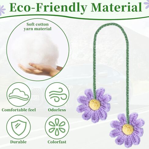 2 PCS Crochet Daisy Car Accessories for Women, Car Rearview Mirror Hanging Accessories, Handmade Cute Cars Accessory for Women Aesthetic, Crochet Flowers Purple Cars Decor (Purple) in Kuwait