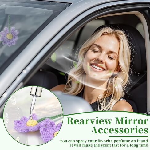 2 PCS Crochet Daisy Car Accessories for Women, Car Rearview Mirror Hanging Accessories, Handmade Cute Cars Accessory for Women Aesthetic, Crochet Flowers Purple Cars Decor (Purple) in Kuwait