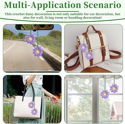 2 PCS Crochet Daisy Car Accessories for Women, Car Rearview Mirror Hanging Accessories, Handmade Cute Cars Accessory for Women Aesthetic, Crochet Flowers Purple Cars Decor (Purple) in Kuwait