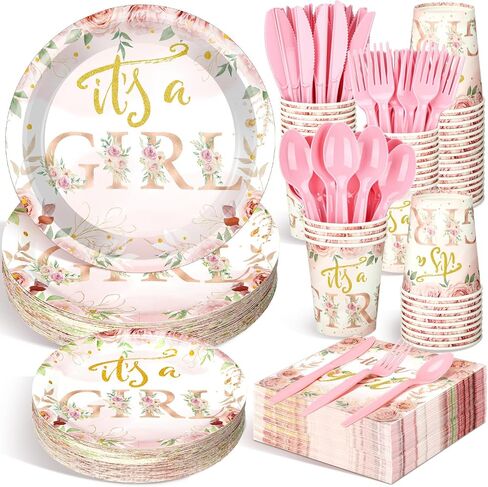 Dandat 350 Pcs Baby Shower Plates Set Baby Shower Party Supplies Serves 50 Tableware Sets Include Plates Napkin Cup Forks Knives Spoons Disposable Dinnerware for Boy Girl(Elephant) in Kuwait