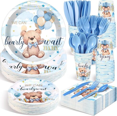 Dandat 350 Pcs Baby Shower Plates Set Baby Shower Party Supplies Serves 50 Tableware Sets Include Plates Napkin Cup Forks Knives Spoons Disposable Dinnerware for Boy Girl(Elephant) in Kuwait
