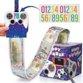 BlissfulBlend Game Player Gift Box with Pull Out Surprise Money Box with Happy Birthday Card and 40Pcs Transparent Bags, DIY Stickers for Any Age, A Fun Way to Give Cash to Boys Girls Kids with Assembly Instructions