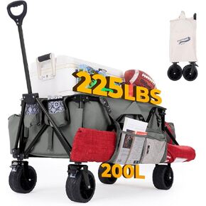200L Collapsible Folding Beach Wagon |Heavy Duty Utility Cart Extender |Supports 225lbs |All-Terrain Big Wheels with Breaks for Sports Camping (Grey/Grey)