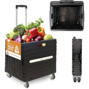 Inspired Living Collapsible Folding Utility Cart, Heavy-Duty Rolling Crate with 360° Wheels, Telescoping Handle, Hidden Lid, Holds 200 Lbs, Black