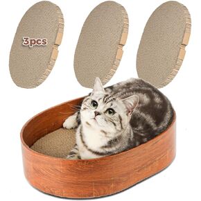 3 Pcs Cat Scratching Board with Box, 2 in 1 Cardboard Cat Scratchers Bed for Indoor Cats, Round Scratch Bowl with Thicker Double-Sided Pad for Cats' Scratch Need