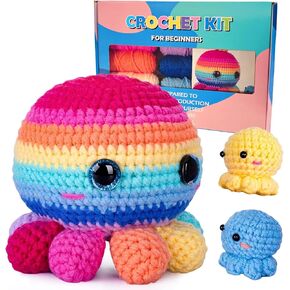 FLATRI Crochet Kit for Beginners, Crochet Animal Kit with Step-by-Step Instructions and Video Tutorials, Beginner Crochet Starter Kits for Adults Kids, Jumbo 3 Colorful Octopus Familly (40%+ Yarn)