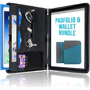 Stylio Zippered Padfolio Binder (أسود) وحزمة محفظة من الجلد النحيف (Teal). مثالي للمستندات ، iPad/tablet ، المفكرة ، بطاقات العمل ، بطاقات الائتمان ، بطاقات الهوية والفواتير. حزمة هدية رائعة.